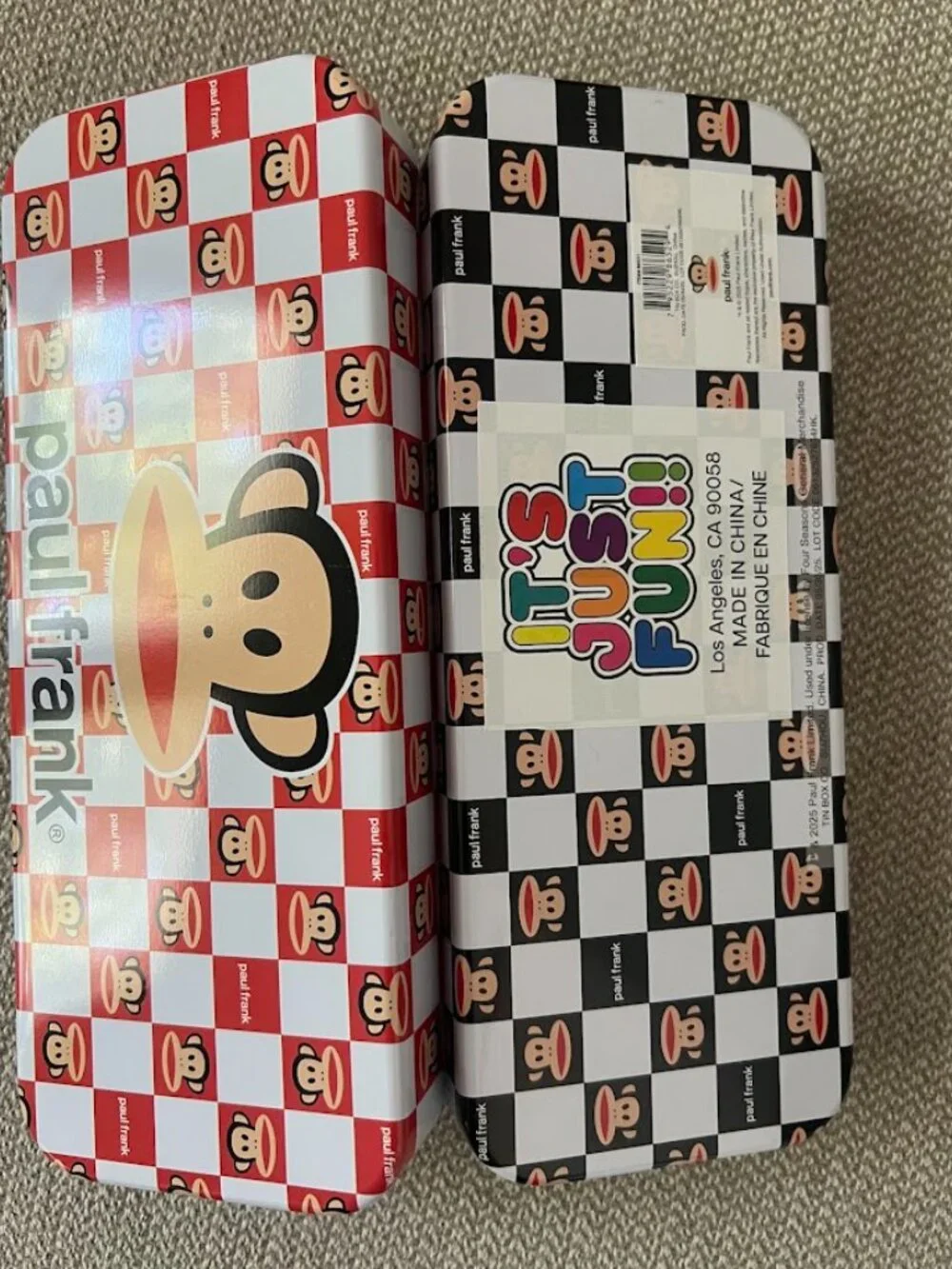 Paul Frank Red Black Checkered Monkey Metal Tin Pencil Case